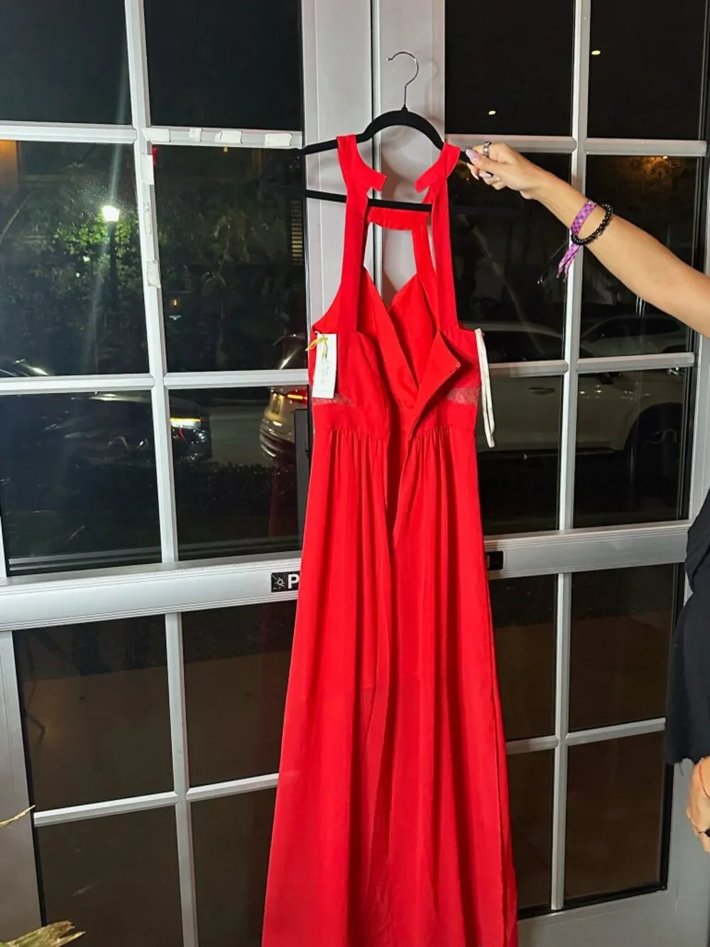 bcbgeneration halter dress NWT Red Lace Inset Maxi Cowl neck